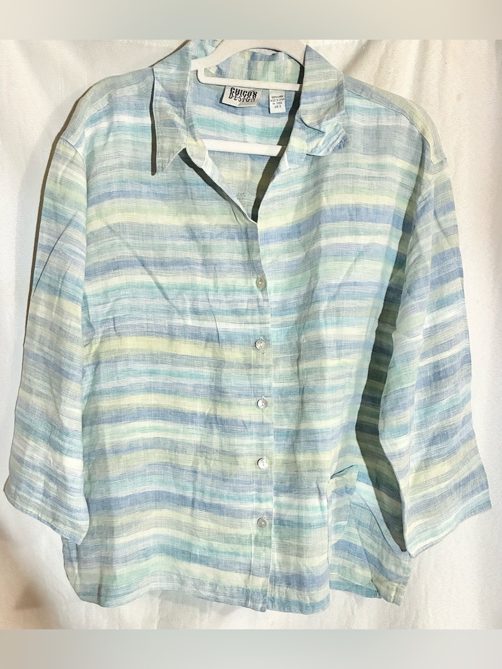 Chicos Linen Striped Blouse Sz 3-US XL Blues Short Slv Organic Breathable